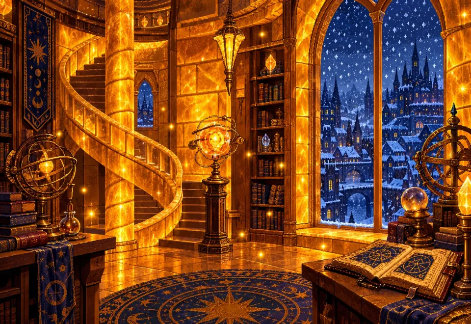 A tower of glowing amber stone with a spiral stair