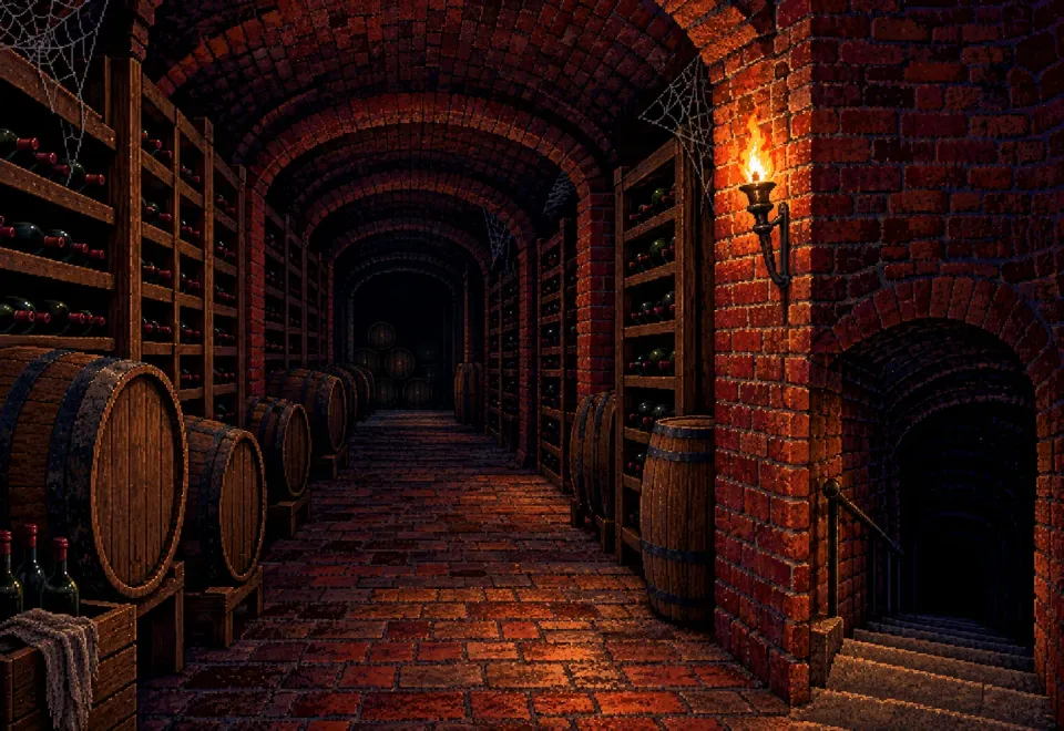A vaulted brick wine cellar lit by one torch