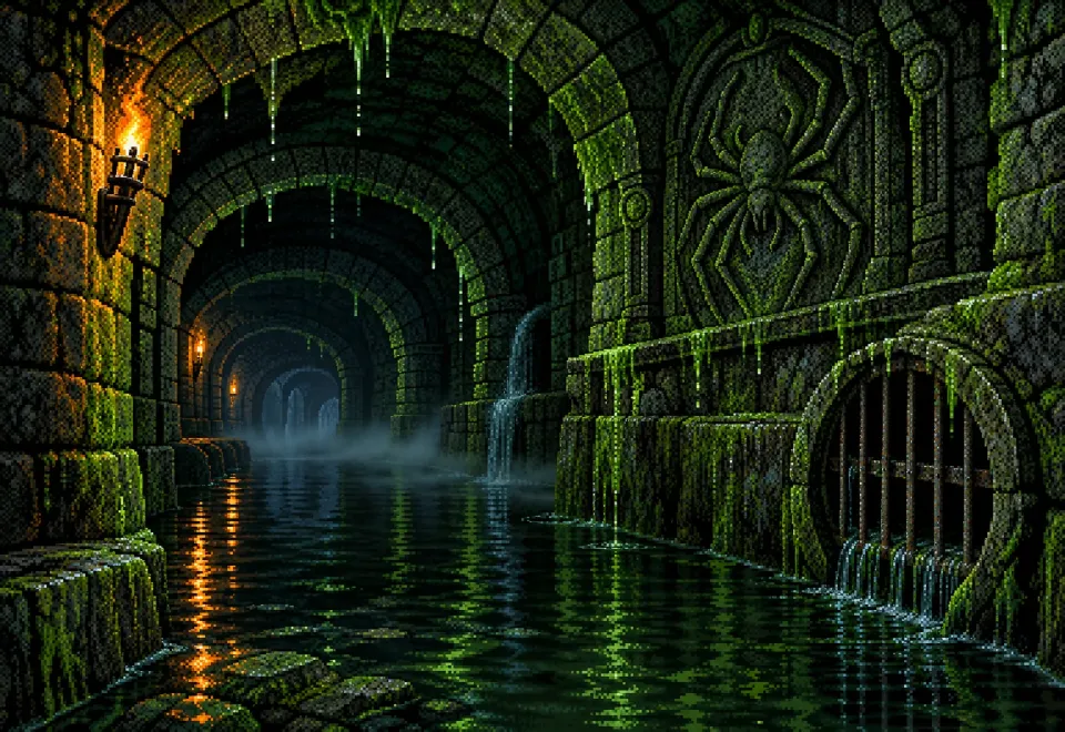 Green-slimed sewer tunnels with a spider carved on the wall