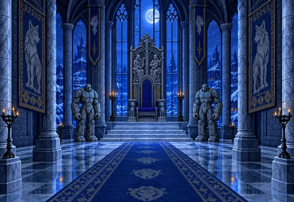 A castle great hall with stone golems and a throne