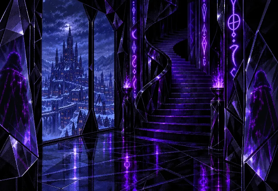 A tower of black glass with violet runes