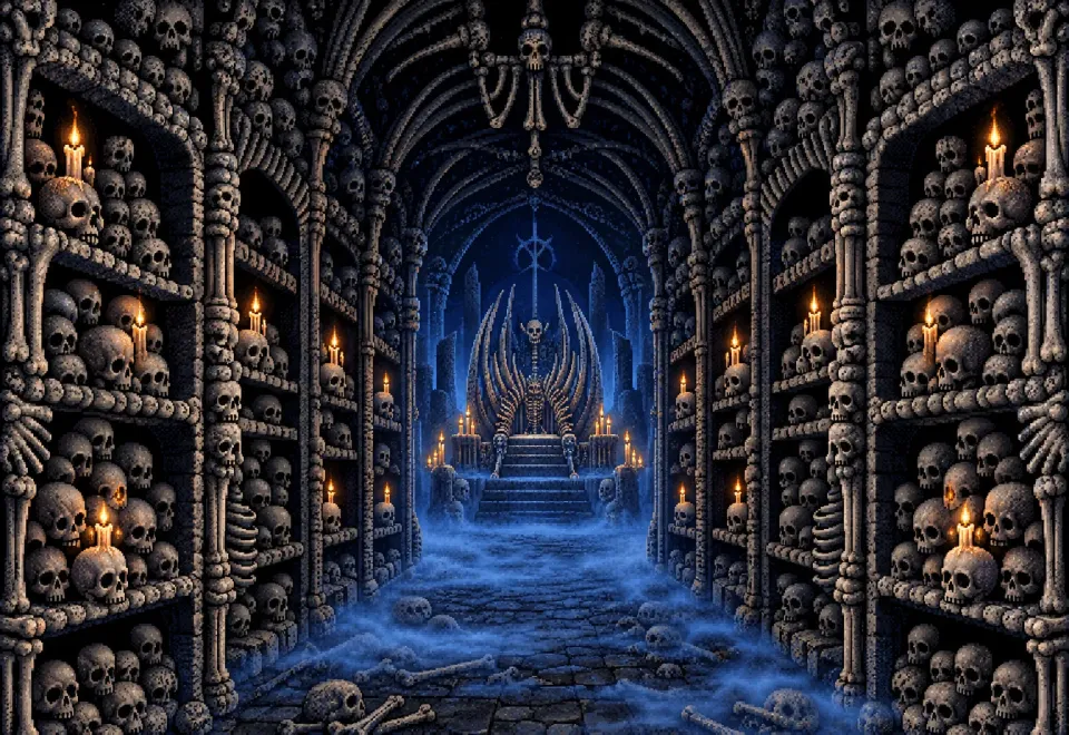 Catacombs walled with skulls, a throne of ribs at the far end