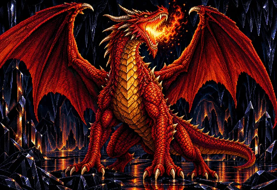 A red dragon rearing with fire in its throat