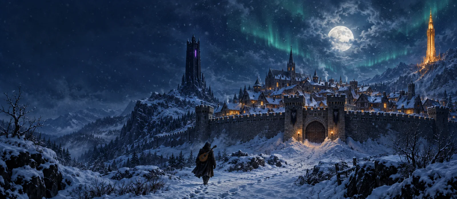 A frozen walled city under a winter moon and aurora. A black glass tower stands on the ridge, a golden tower glows beyond, and a hooded bard walks the snowy road toward the gate.